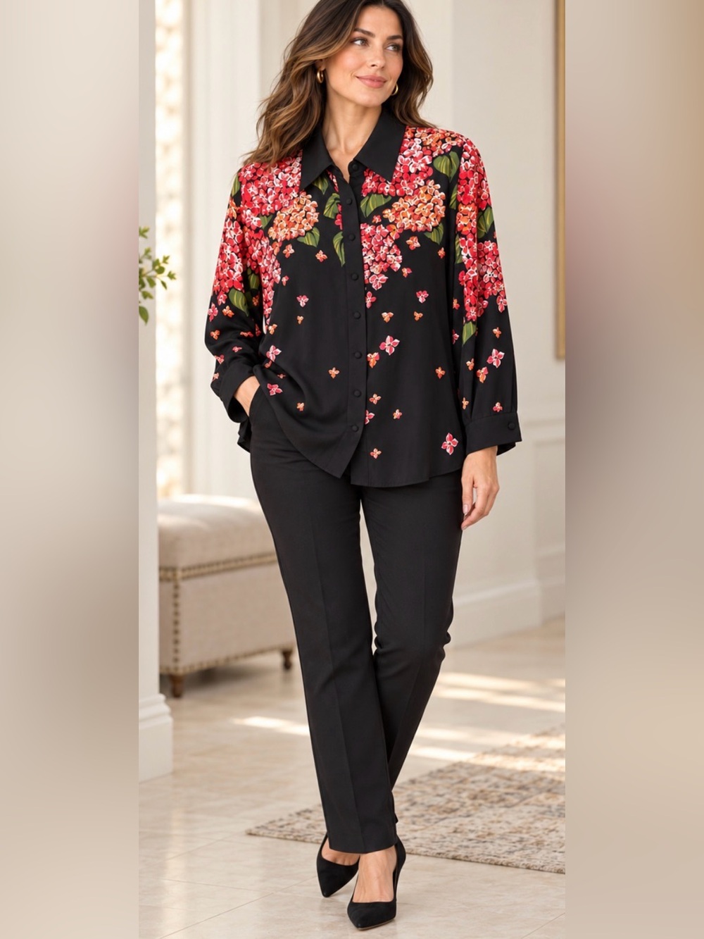 Bob Mackie Wearable Art 100% Silk Floral Beaded Sequin Blouse – Size L – NWT